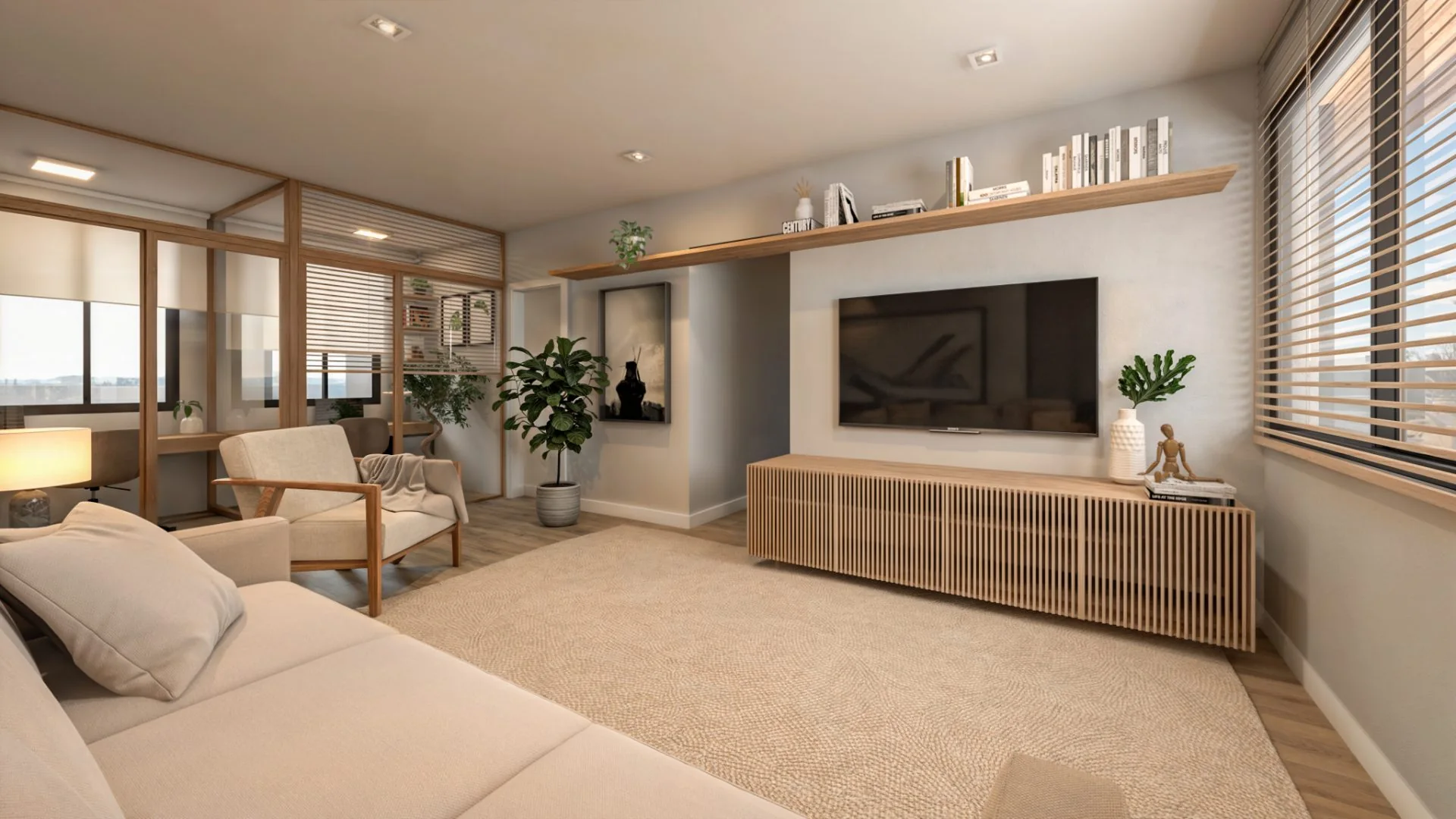 Sala íntima no pavimento superior, com painel ripado, marcenaria em madeira clara e home office envidraçado ao fundo